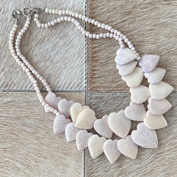 Vintage Jewelry - Vintage Hand-Carved Heart Cow Bone Beaded Double-Strung Necklace
